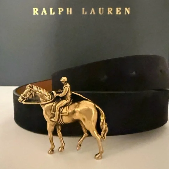 Polo Ralph Lauren Navy Suede Equestrian Belt Gold Horse Buckle Italy Sz 38 - Picture 1 of 17